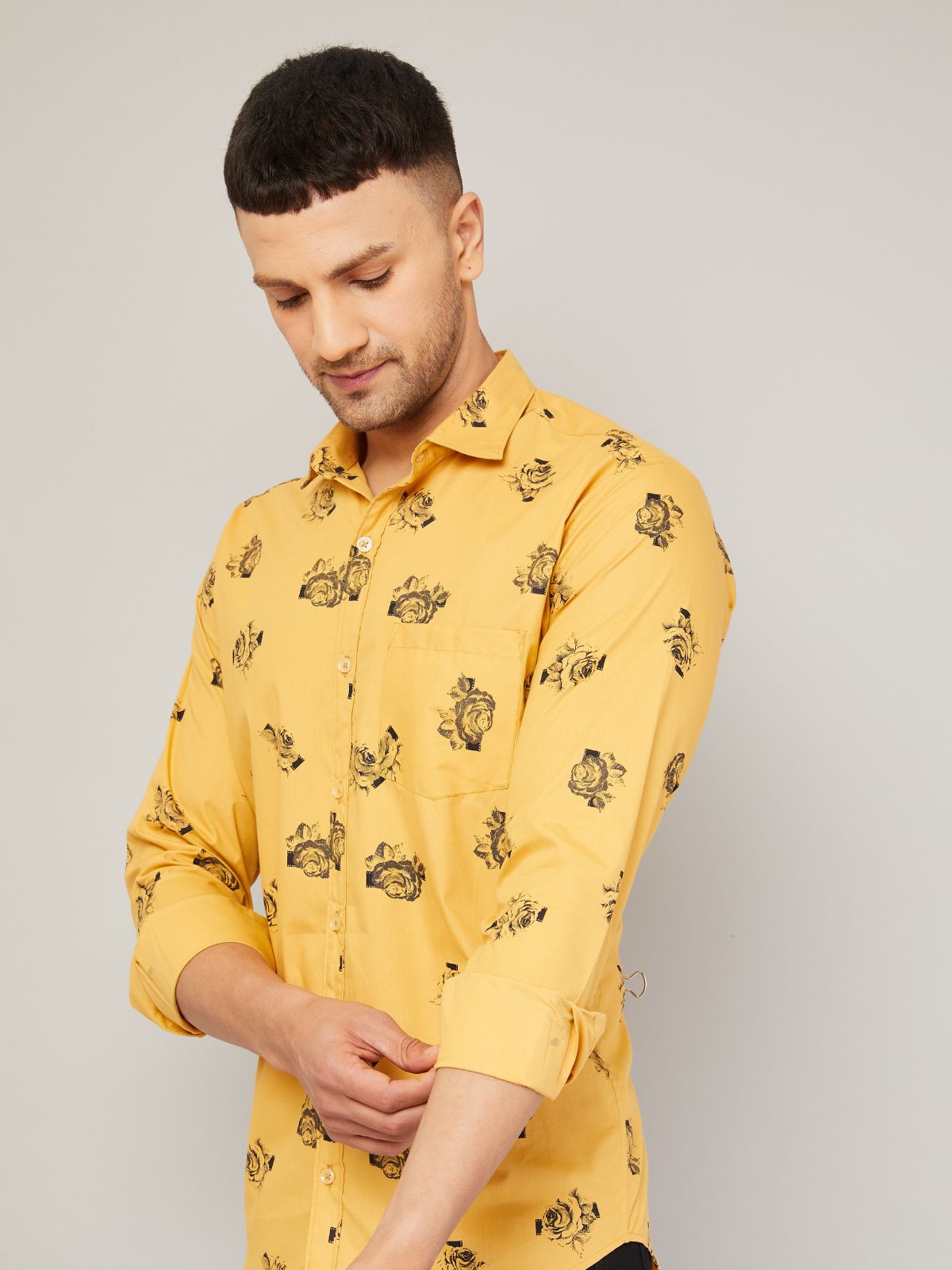 Louis Monarch Men Regular Fit Rose Print Yellow Spread Collar Casual Shirt